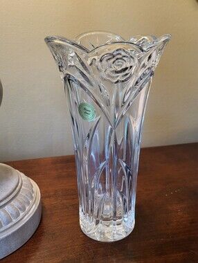 Princess House American Rose 24% Lead Crystal Tapered Candle Holder Vase Floral